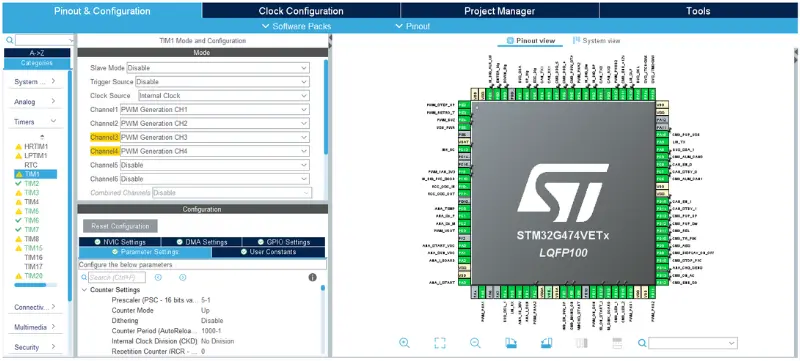 Pinout configuration and firmware development for STM32 microcontrollers.